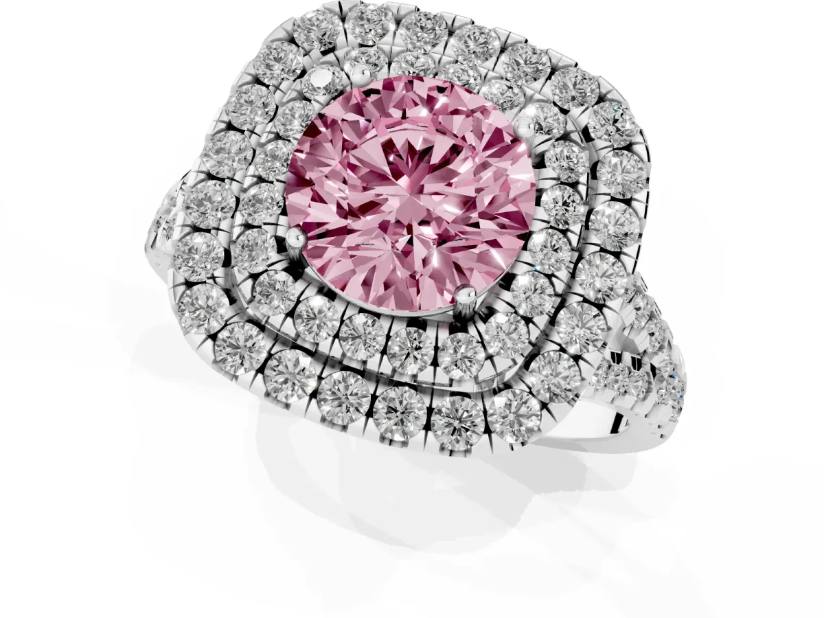 Fancy Pink Double Halo Round Cut Diamond Pavé Split Shank Ring with Prong Setting Platinum
