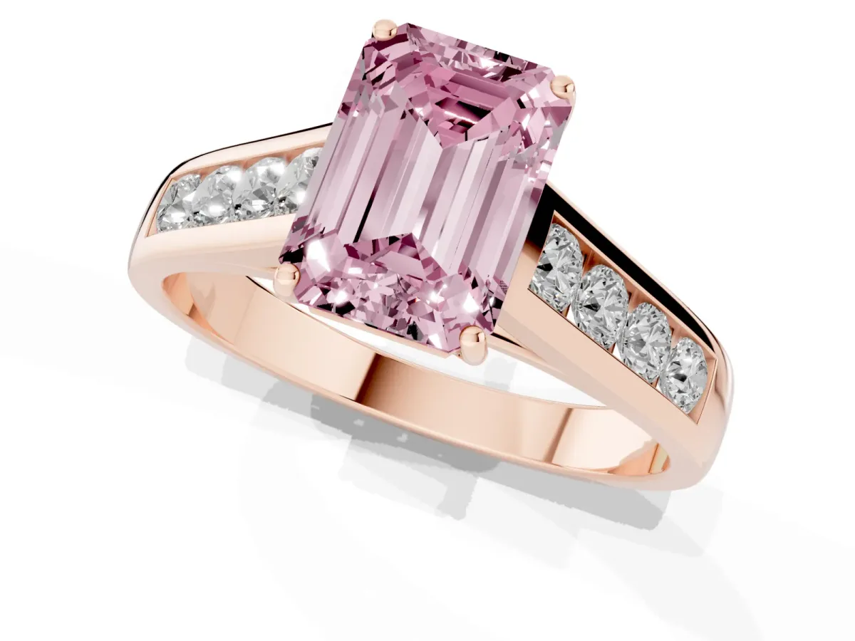 Fancy Pink Emerald Cut Brilliant Channel-Set Solitaire Ring with Four-Prong Setting Rose gold