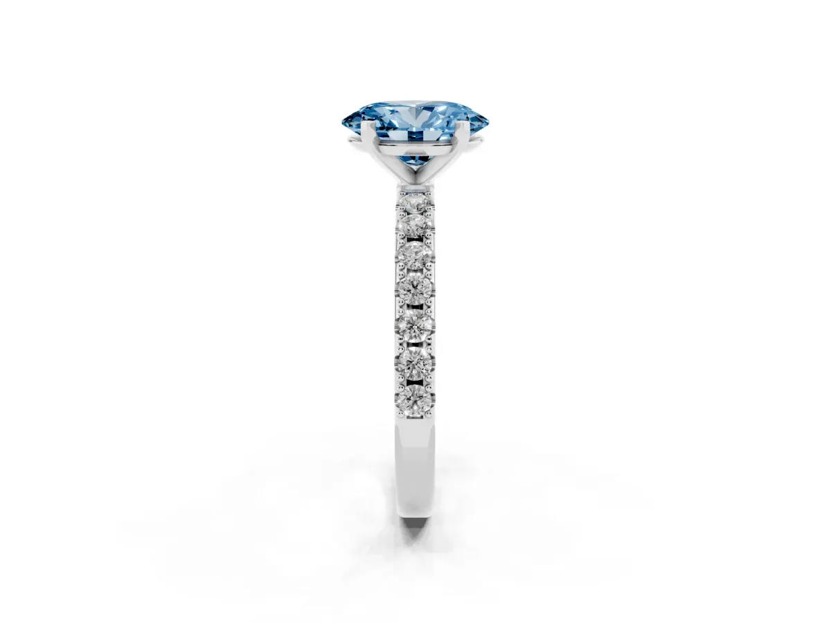 Fancy Blue Oval Cut Diamond Solitaire Pavé Band with Four-Prong Setting Silver