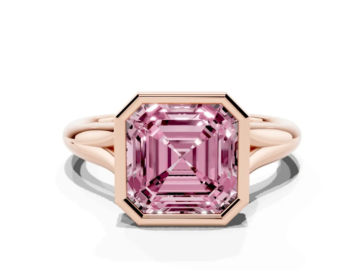 Fancy Pink Bezel Set Asscher Cut Solitaire Diamond Ring with Smooth Band Rose gold