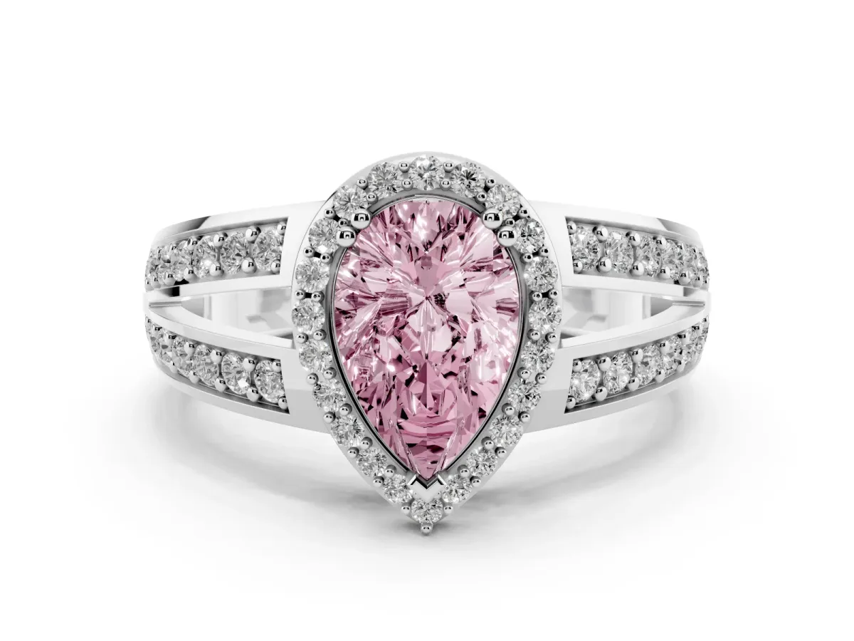 Fancy Pink Pear Cut Diamond Halo Ring with Split Shank Pavé Band and Four-Prong Setting Silver