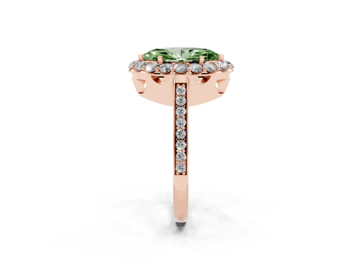 Fancy Green Marquise Cut Diamond Floral Halo Ring with Pavé Band and Prong Setting Rose gold