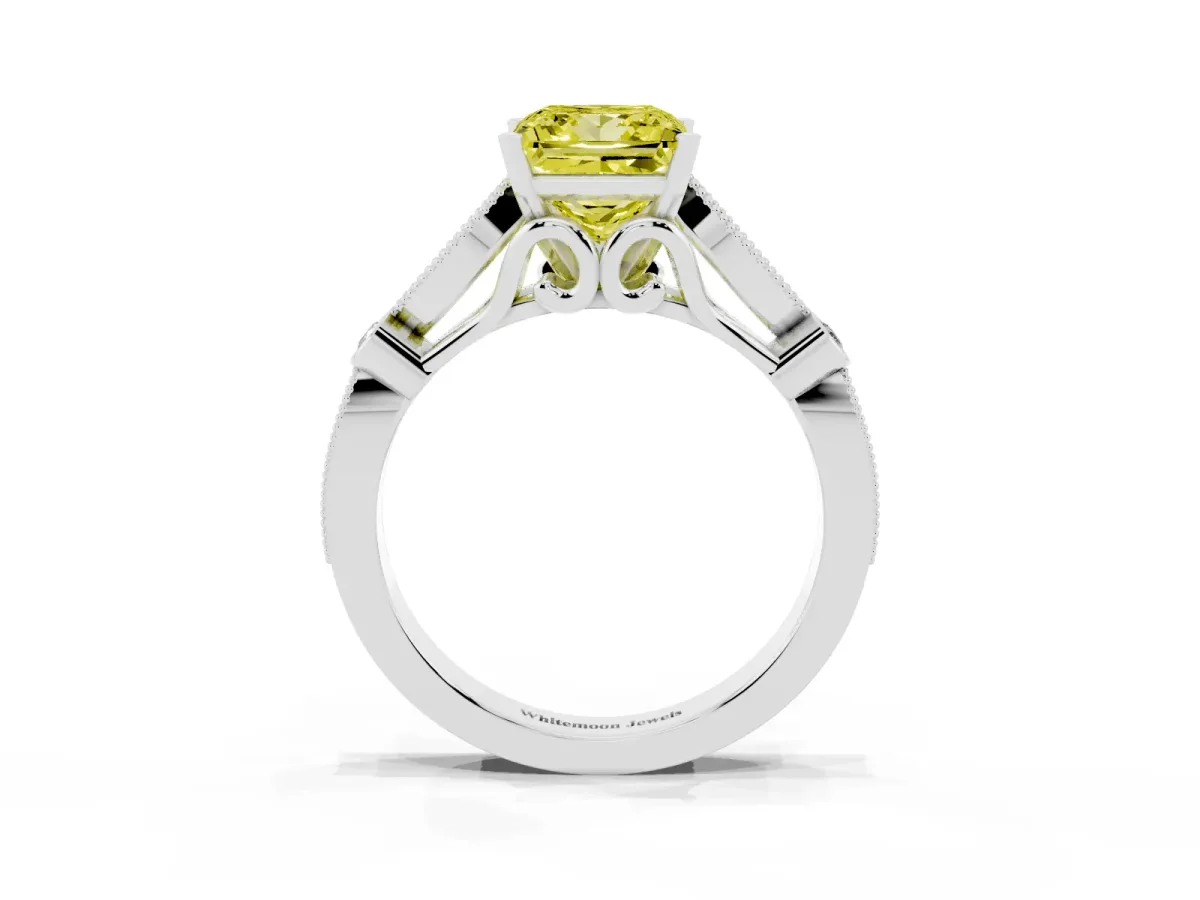 Fancy Yellow Princess Cut Cut Diamond with Milgrain Marquise and Bezel Accents on a Solitaire Band with Prong Setting White gold