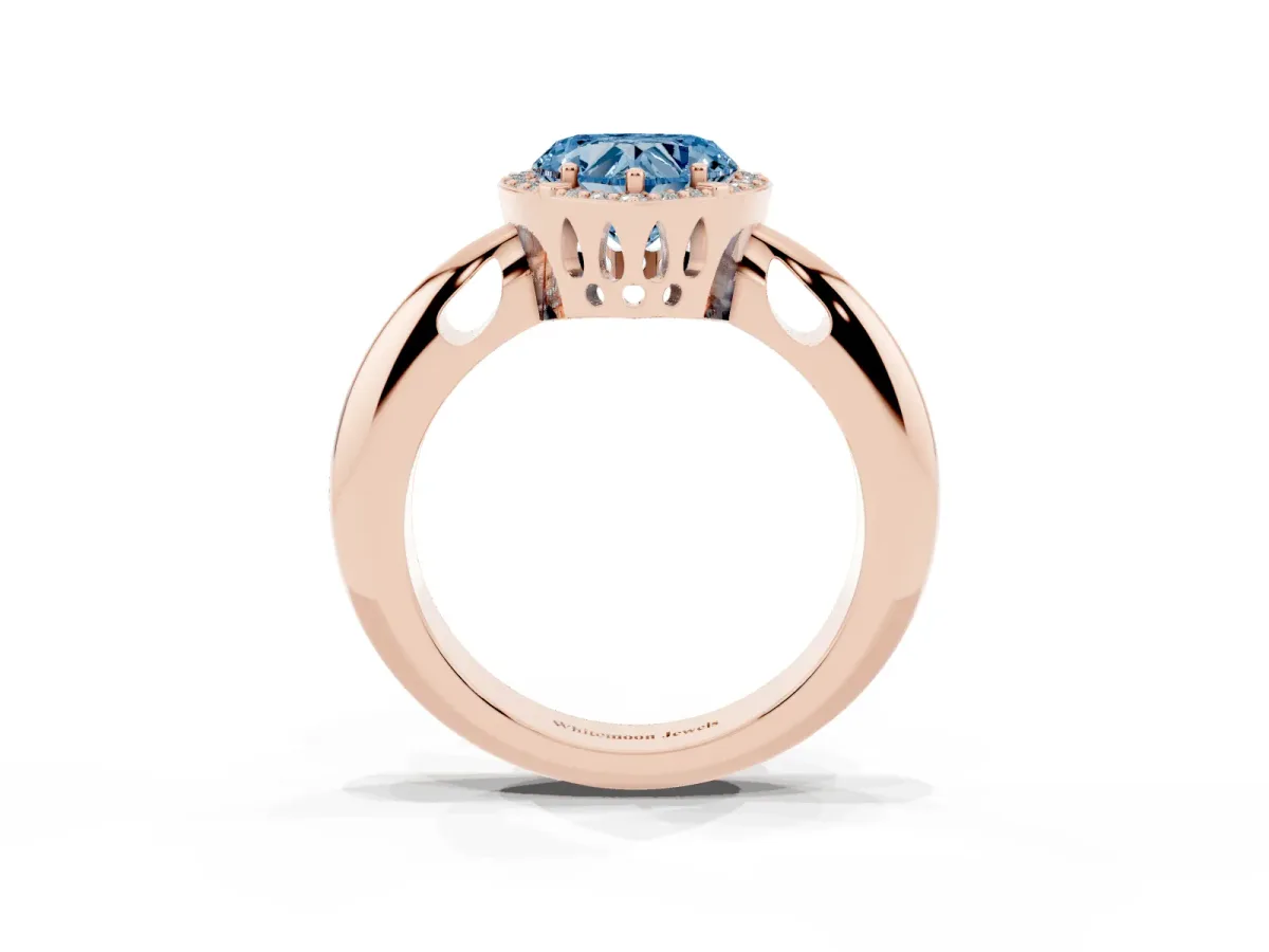 Fancy Blue Heart Cut Cut Diamond Halo Engagement Ring with Split Shank and Four-Prong Setting Rose gold