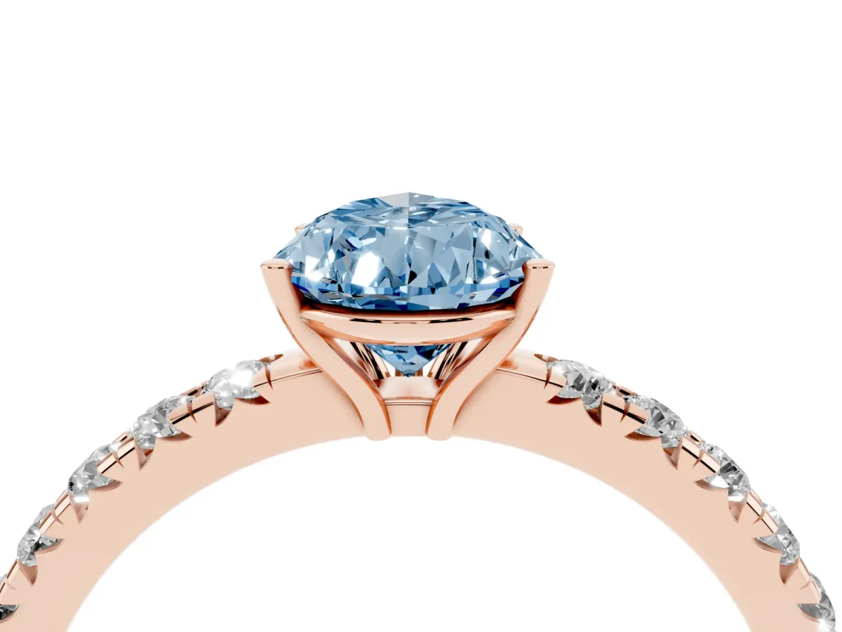 Fancy Blue Pear Cut Diamond Pavé Solitaire Engagement Ring with Four-Prong Setting Rose gold
