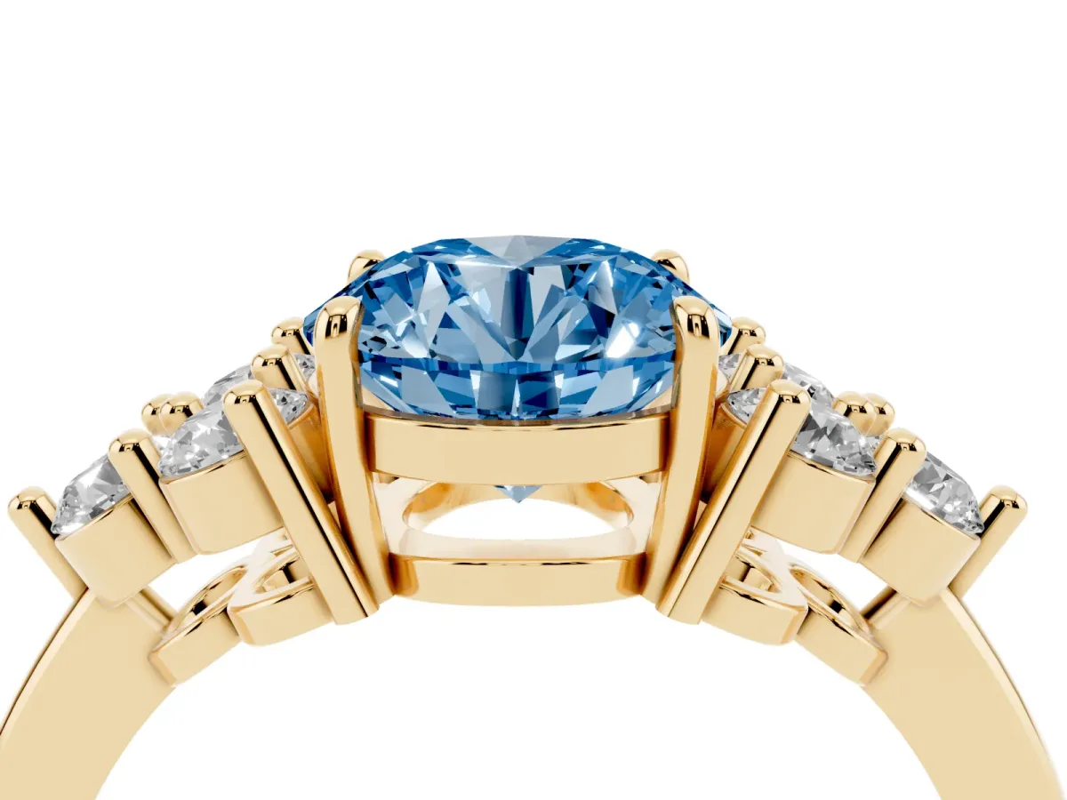 Fancy Blue Round Cut Brilliant Diamond Cluster Accent Solitaire Ring with Prong Setting Yellow gold