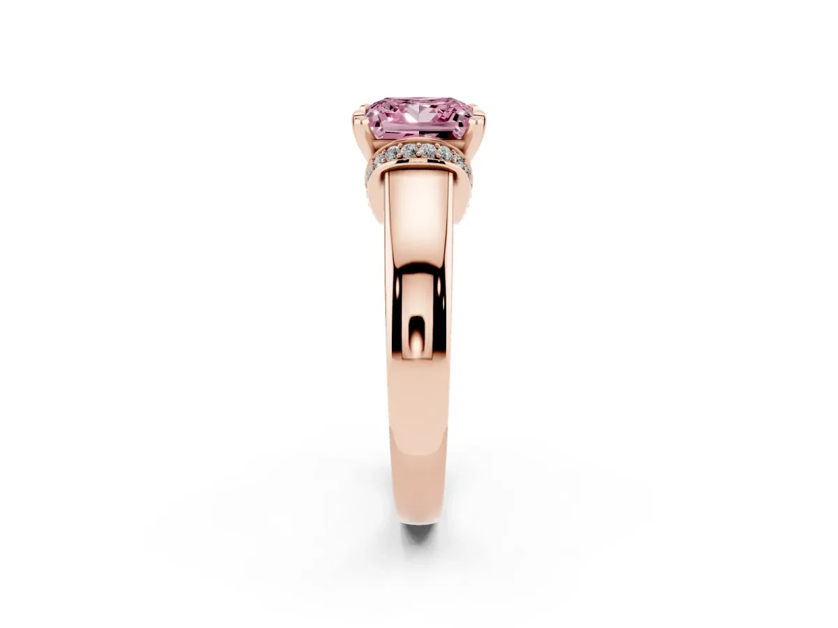 Fancy Pink Princess Cut Solitaire Diamond Ring with Pave Band and Six-Prong Setting Rose gold
