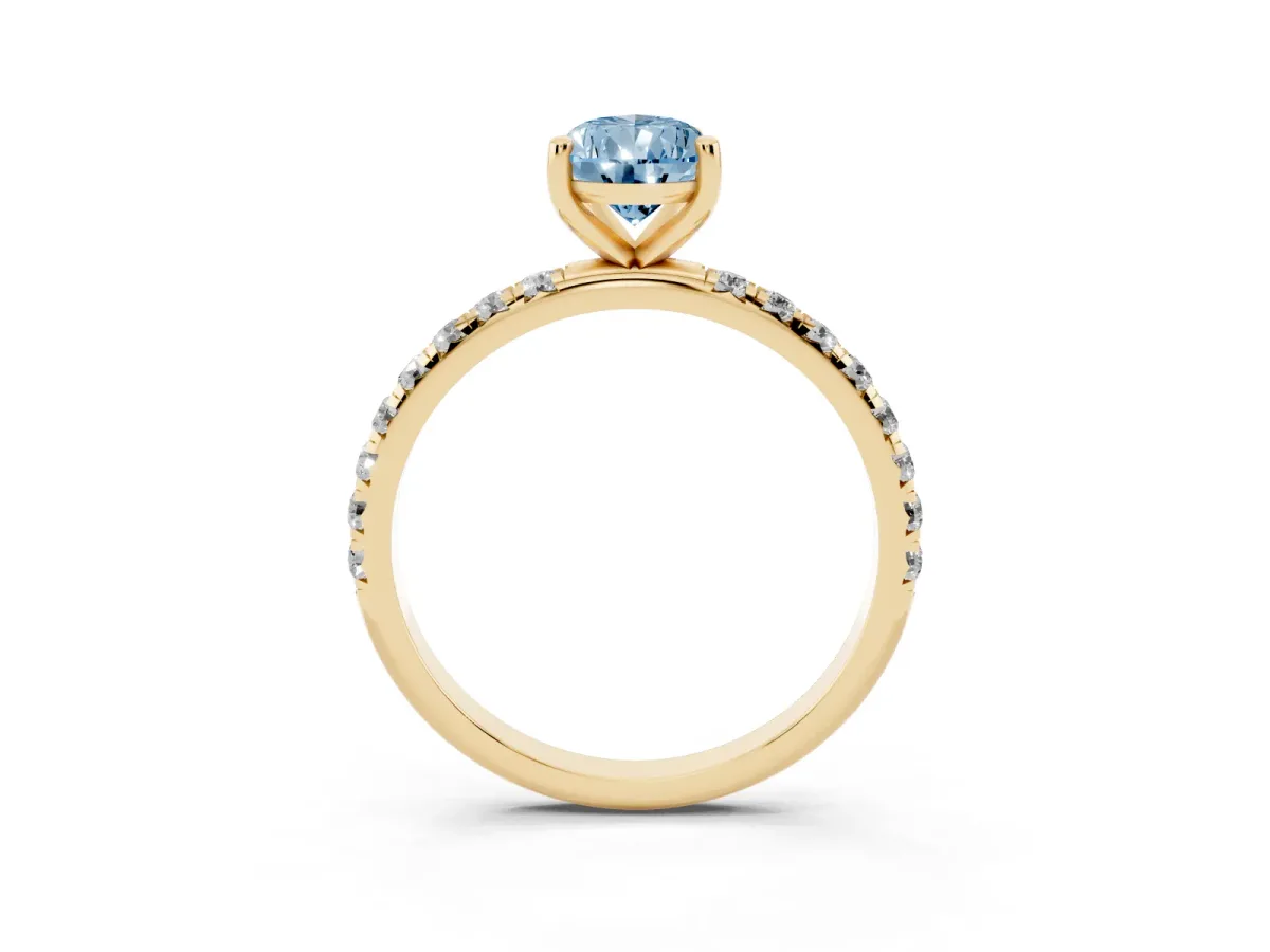 Fancy Blue Pear Cut Cut Diamond Solitaire Ring with Micro Pave Band and Four Prong Setting Yellow gold