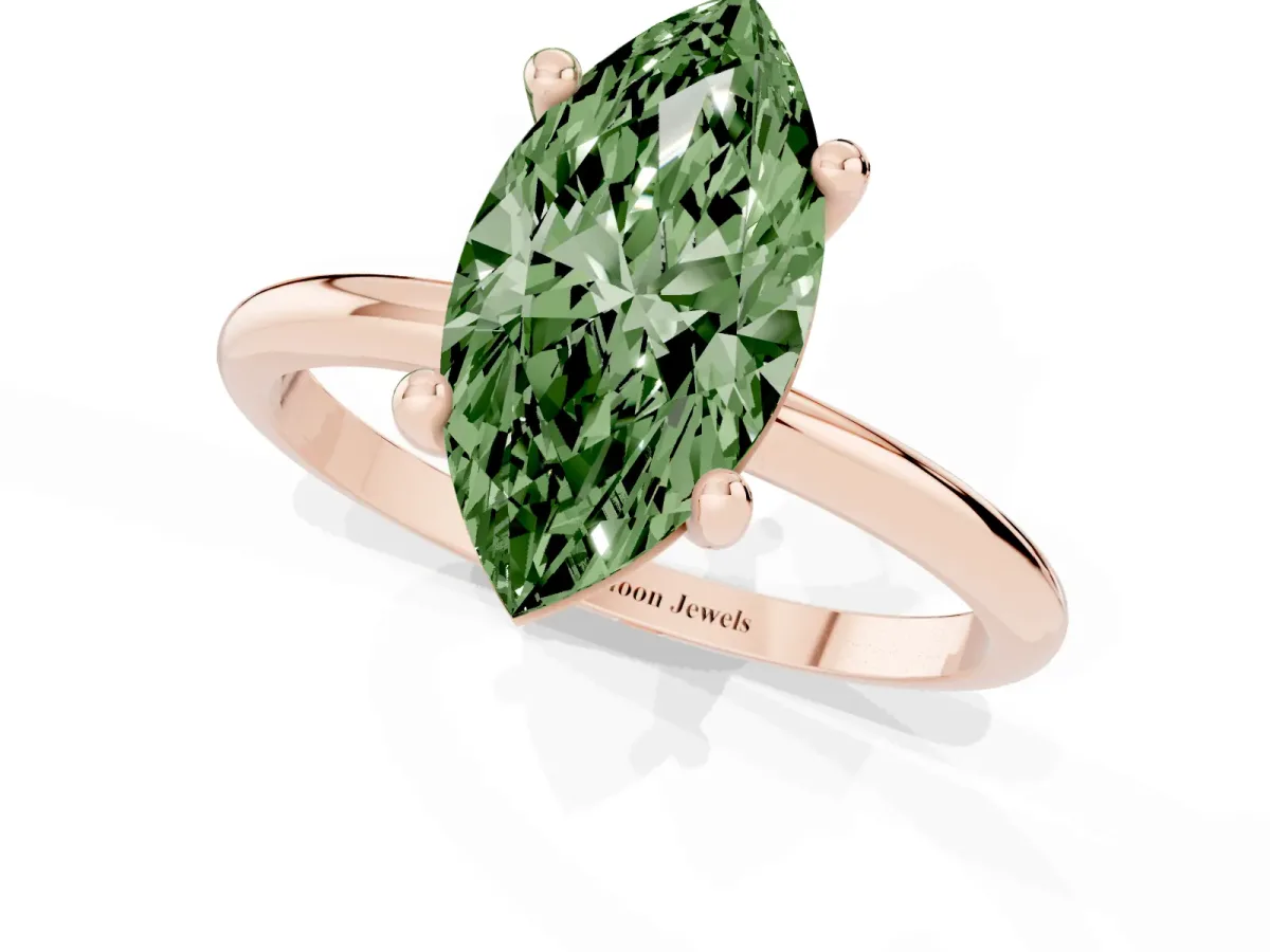 Fancy Green Marquise Cut Solitaire Diamond Ring with 4-Prong Setting on a Classic Band Rose gold