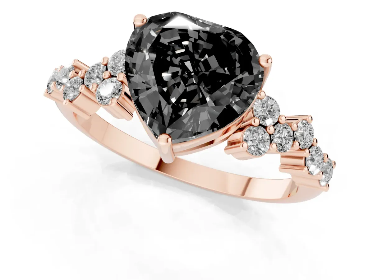 Fancy Black Heart Cut Diamond Scattered Round Accent Ring with Prong Setting Rose gold