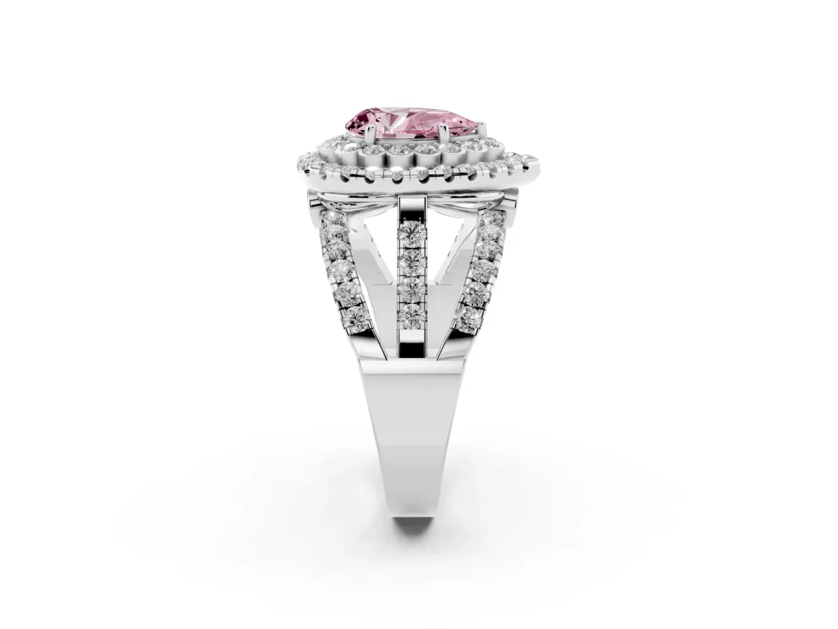 Fancy Pink Pear Cut Diamond Double Halo Ring with Round Pavé Split Shank and Prong Setting Silver