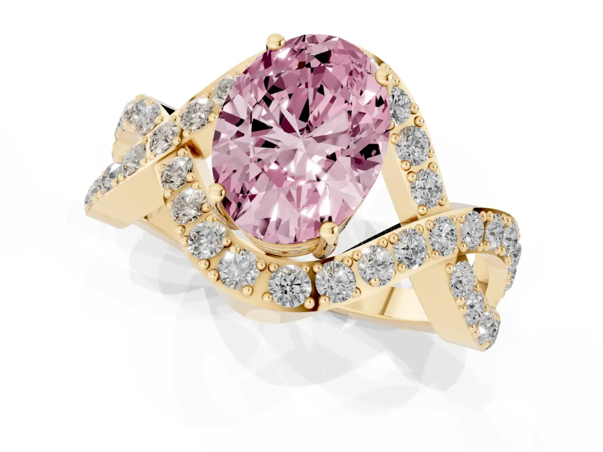 Fancy Pink Oval Cut Solitaire Twist Band Pavé Diamond Engagement Ring Yellow gold