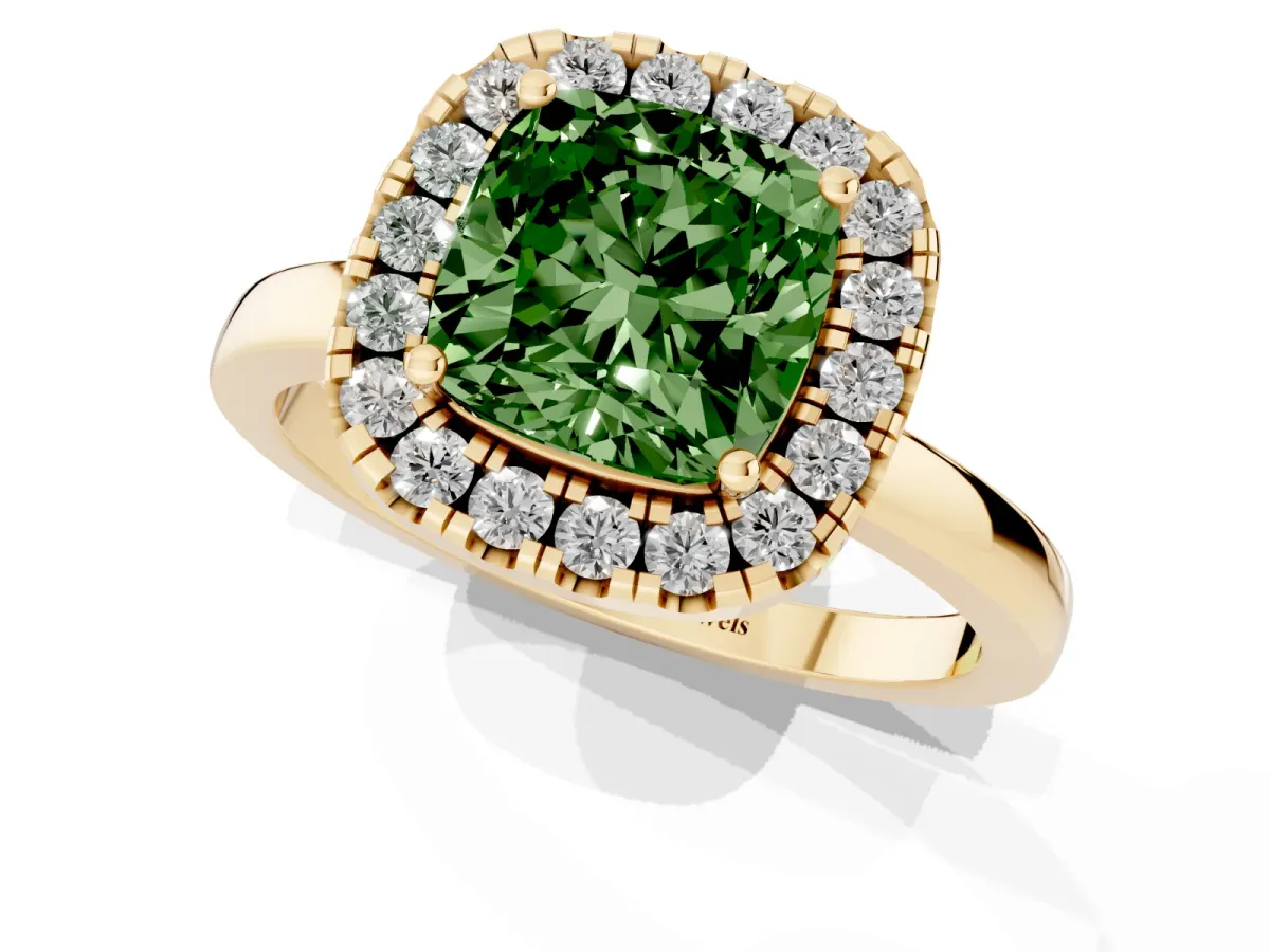 Fancy Green Cushion Cut Halo Diamond Solitaire with Pavé Band and Four-Prong Setting Yellow gold