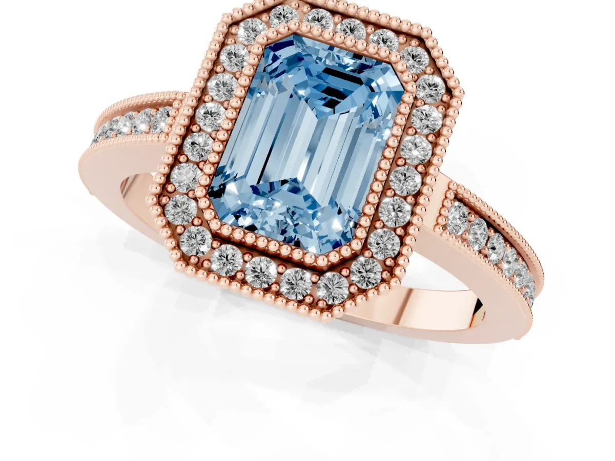 Fancy Blue Emerald Cut Cut Halo Diamond Ring with Pavé Band and Milgrain Prong Setting Rose gold