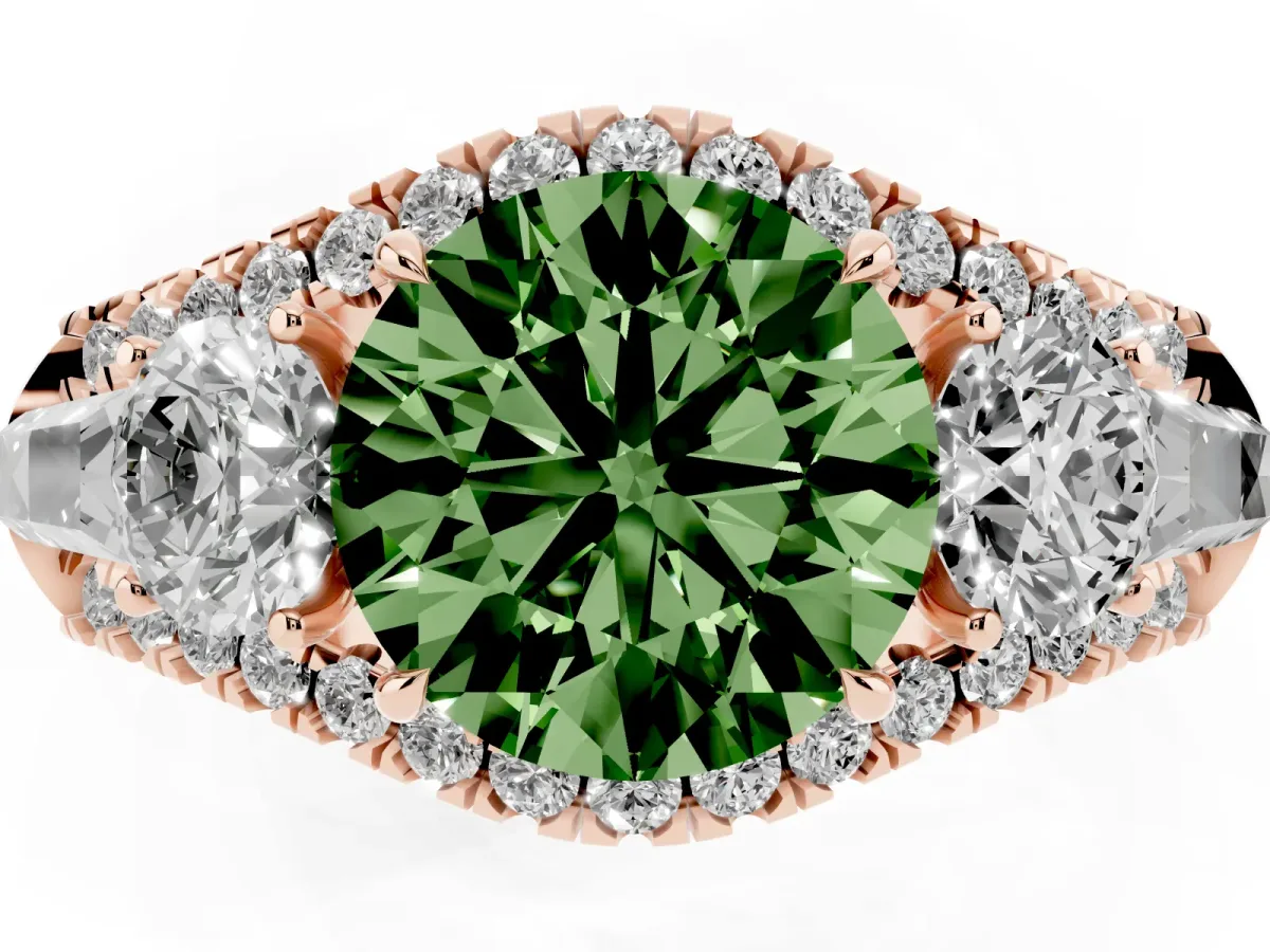 Fancy Green Three-Stone Round Cut Diamond Engagement Ring with Pave Band and Prong Setting Rose gold