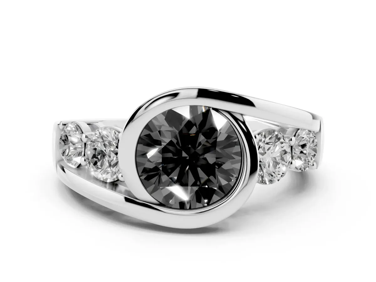 Fancy Black Bezel Set Round Cut Diamond Bypass Ring with Round Accents White gold