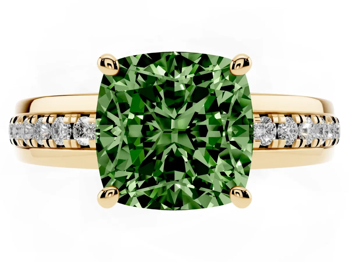 Fancy Green Cushion Cut Solitaire Diamond Ring with Channel Set Band and Six-Prong Setting Yellow gold