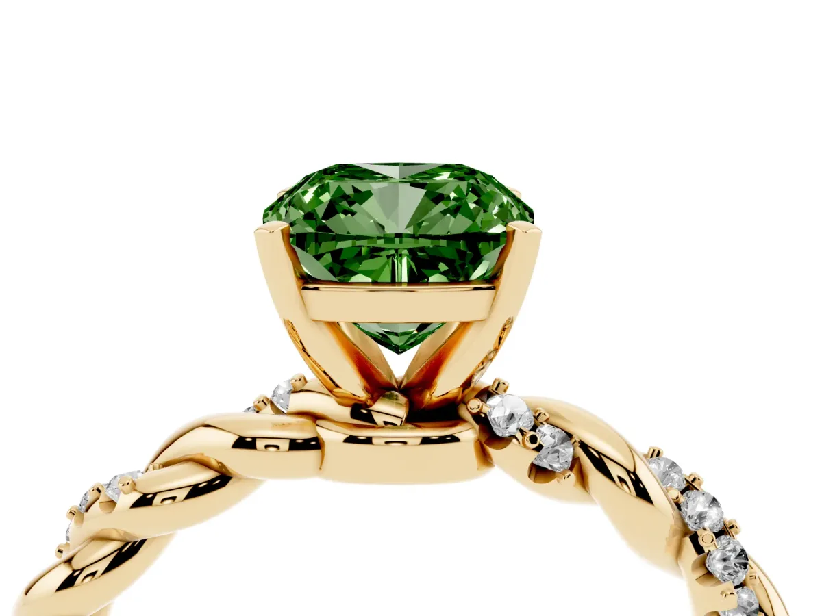 Fancy Green Cushion Cut Diamond Solitaire Ring with Twisted Band and Pavé Accents Yellow gold