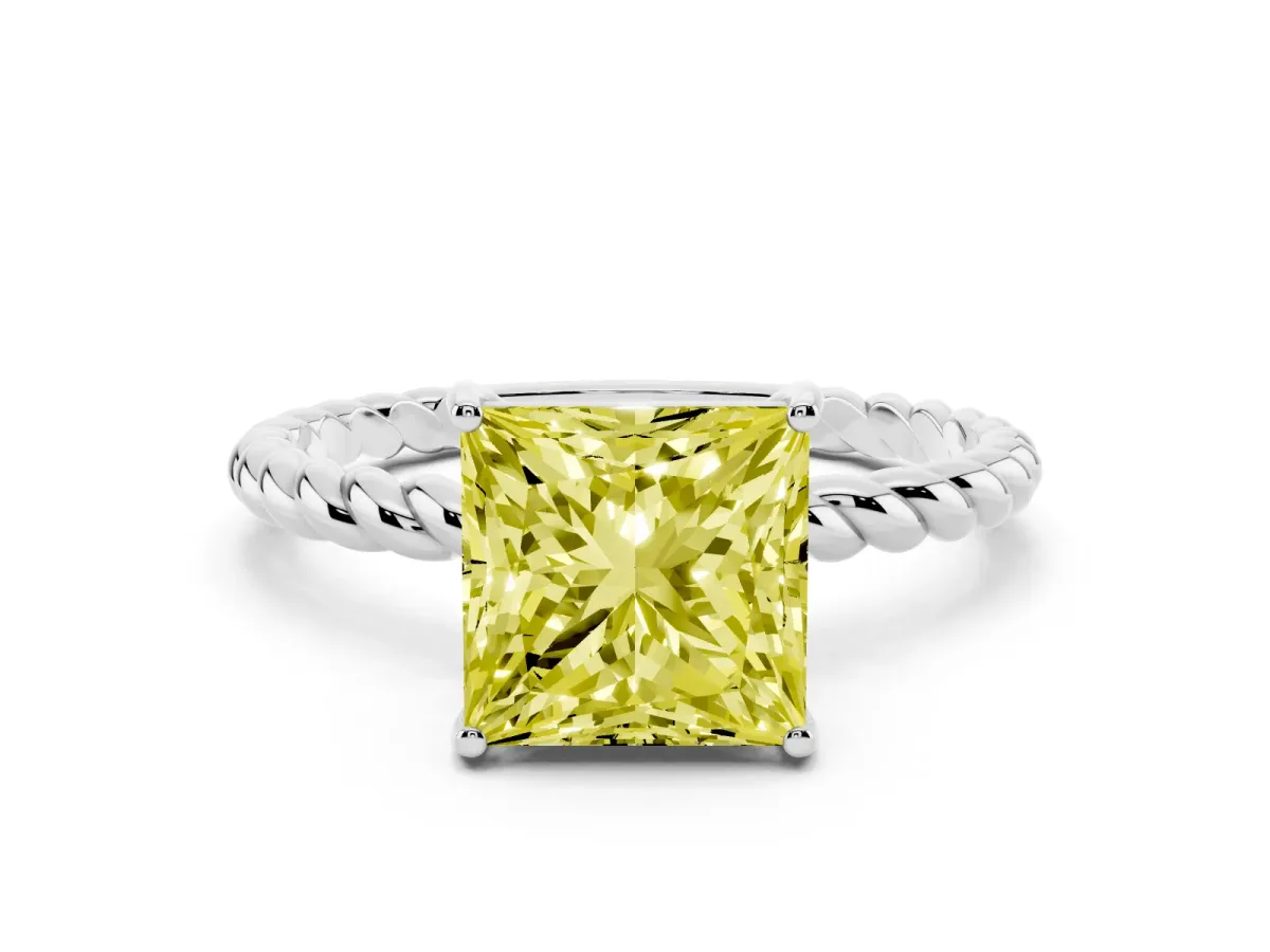 Fancy Yellow Princess Cut Solitaire Twisted Band 4-Prong Ring Platinum