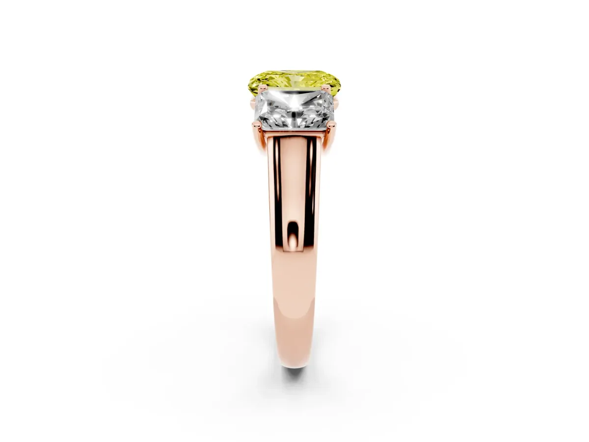 Fancy Yellow Radiant Cut Three-Stone Diamond Ring with Prong Setting on a Classic Band Rose gold