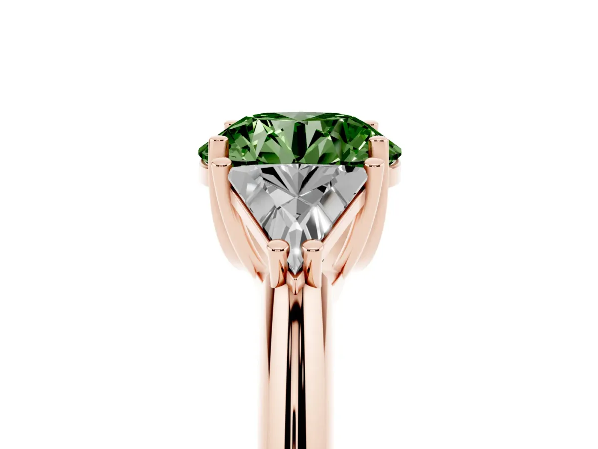 Fancy Green Three-Stone Round Cut Diamond Engagement Ring with Trillion Side Stones and Prong Setting Rose gold