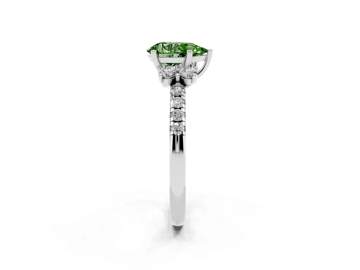 Fancy Green Pear Cut Diamond Three-Stone Pave Band with Four-Prong Setting Silver