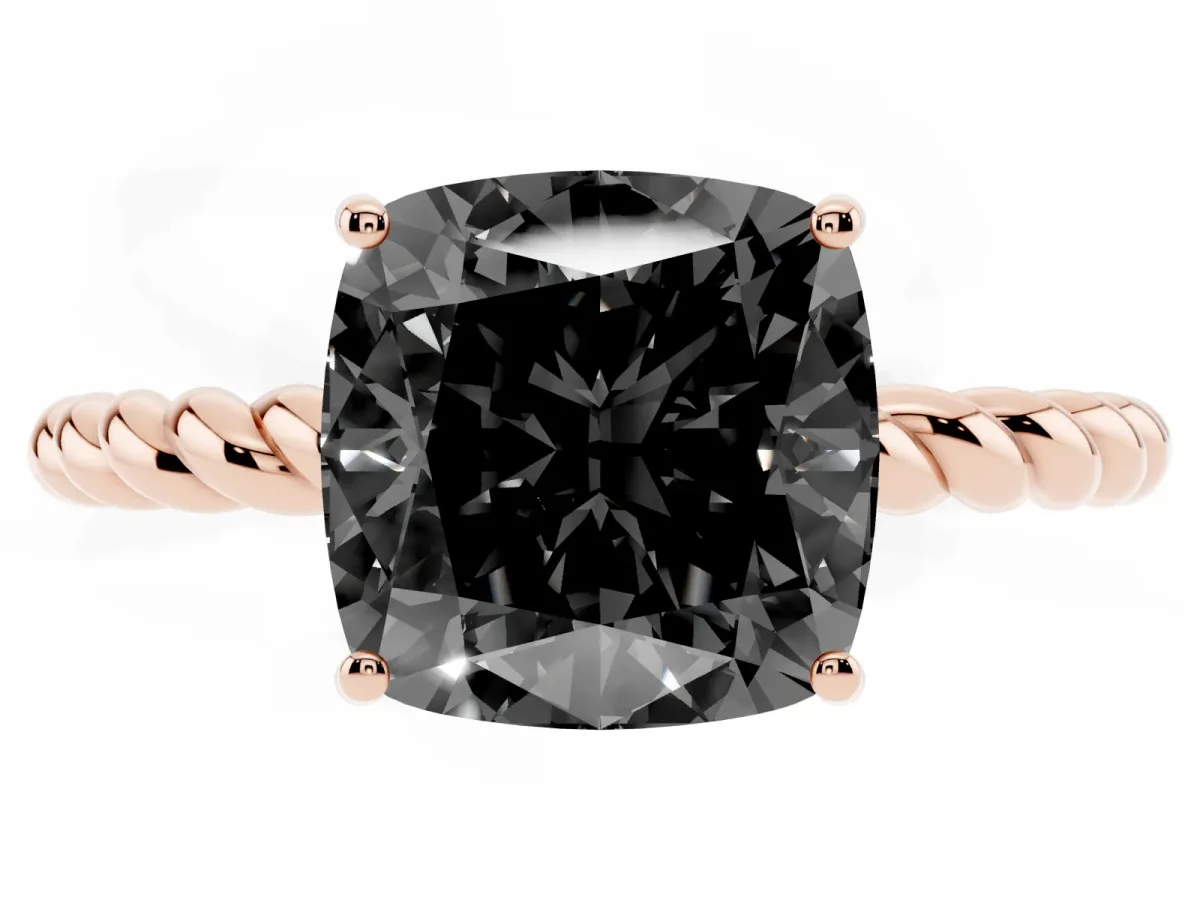 Fancy Black Cushion Cut Solitaire Twisted Band 4-Prong Ring Rose gold