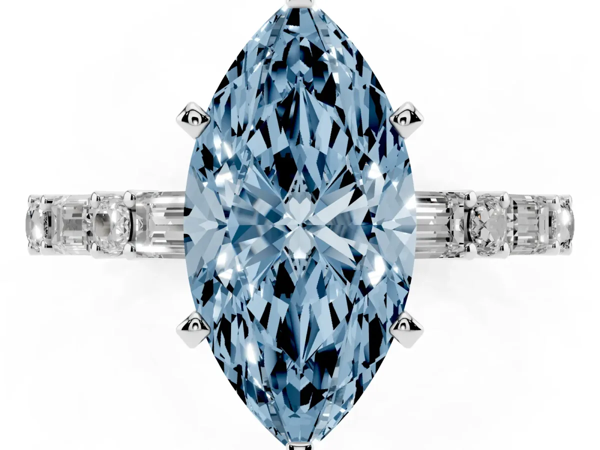 Fancy Blue Marquise Cut Diamond Solitaire with Side Baguettes and Channel Set Band Silver
