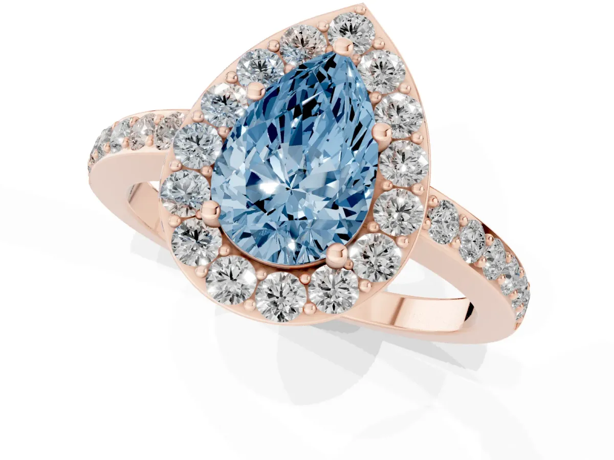 Fancy Blue Pear Cut Halo Diamond Pavé Band Ring with Prong Setting Rose gold