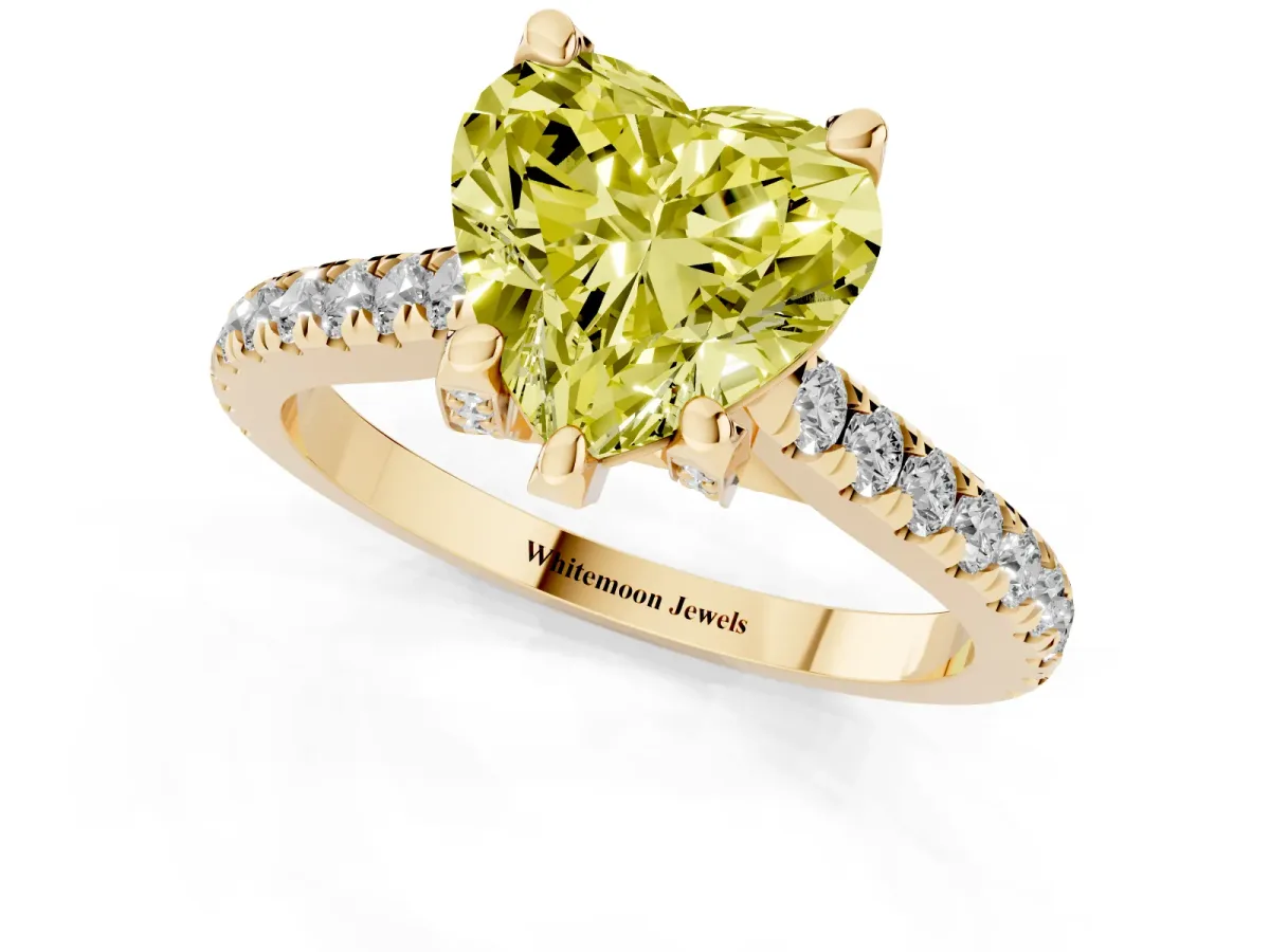 Fancy Yellow Heart Cut Brilliant Diamond Solitaire with Pavé Band and Four-Prong Setting Yellow gold