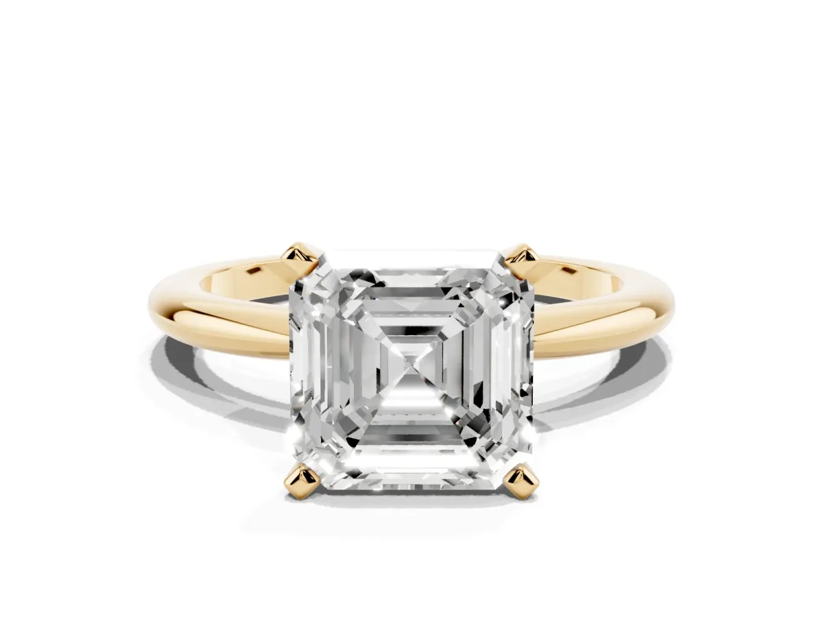 Asscher Cut Diamond Solitaire Ring with Prong Setting and Classic Band Yellow gold