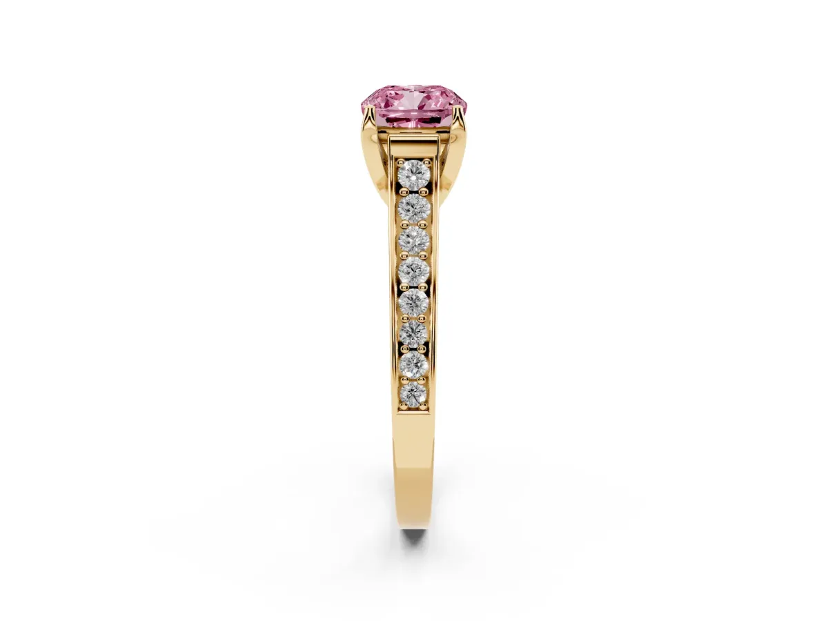 Fancy Pink Cushion Cut Brilliant Cut Diamond Engagement Ring with Pavé Band and Four-Prong Setting Yellow gold