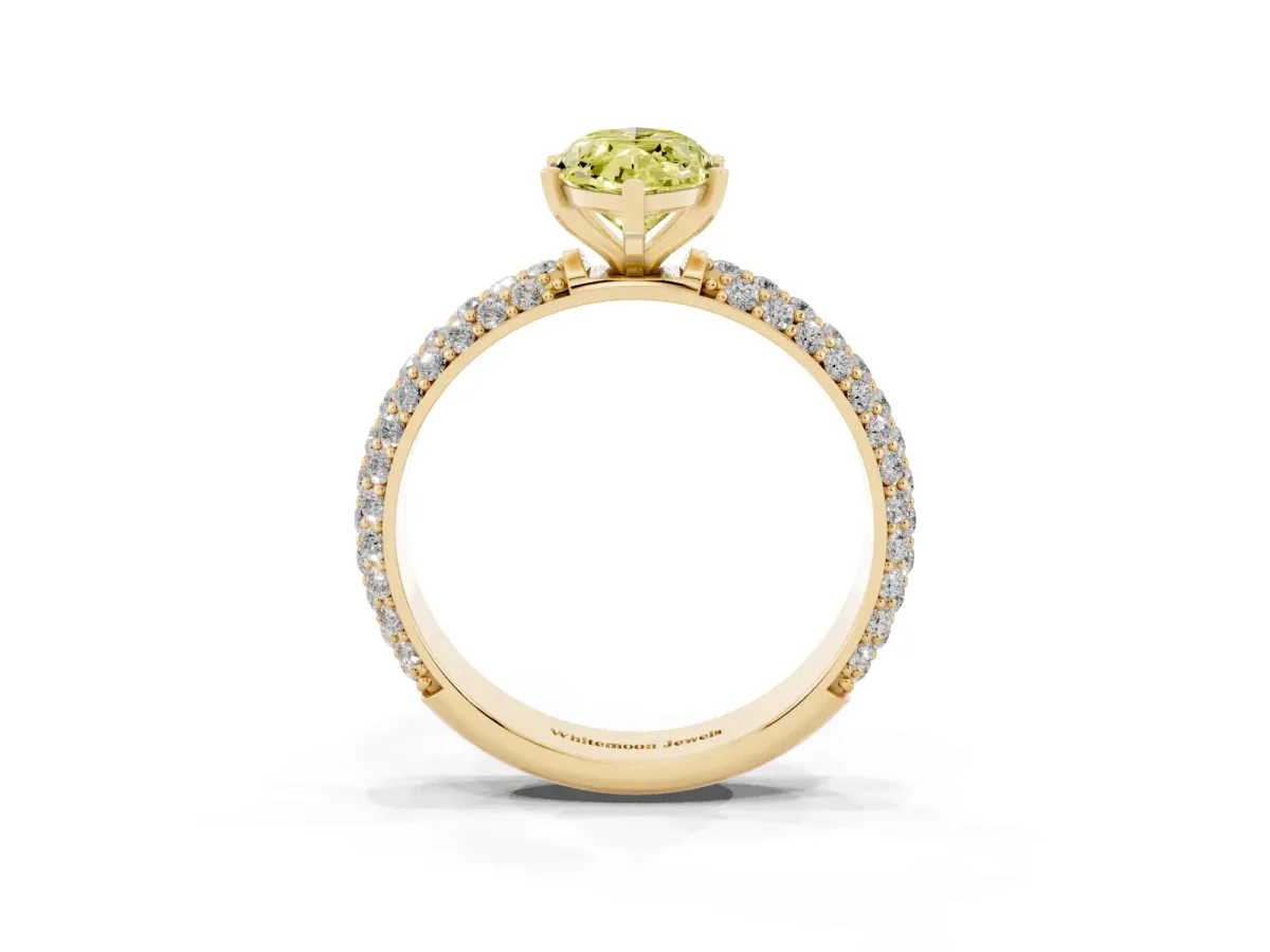 Fancy Yellow Marquise Cut Diamond Solitaire Ring with Prong Setting and Pavé Band Yellow gold
