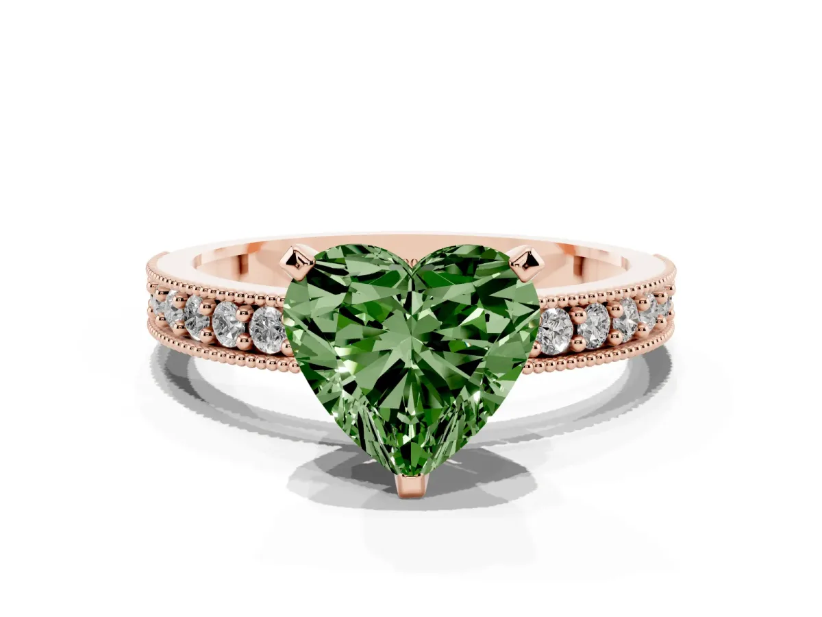 Fancy Green Heart Cut Diamond Milgrain Pavé Engagement Ring with Four-Prong Setting Rose gold