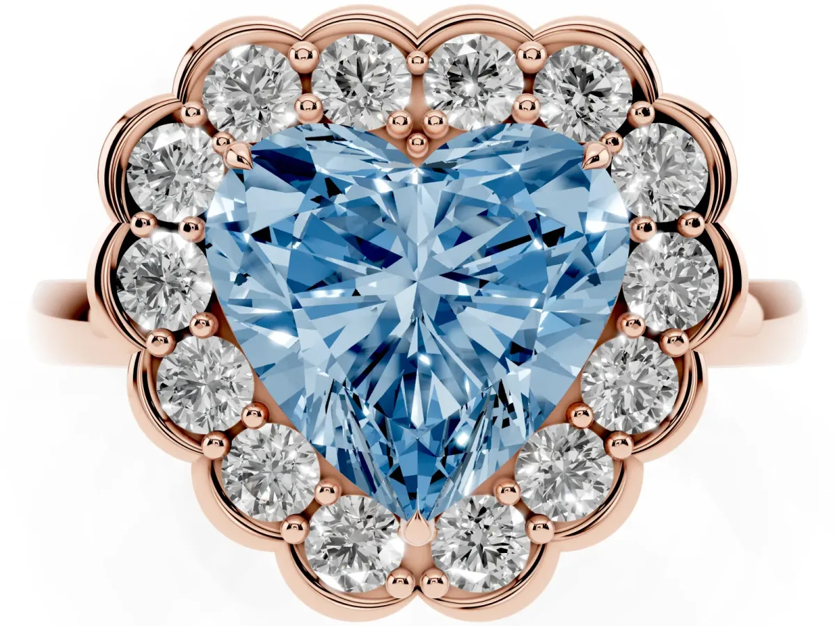 Fancy Blue Heart Cut Halo Cluster Diamond Engagement Ring with Solitaire Band and Prong Setting Rose gold