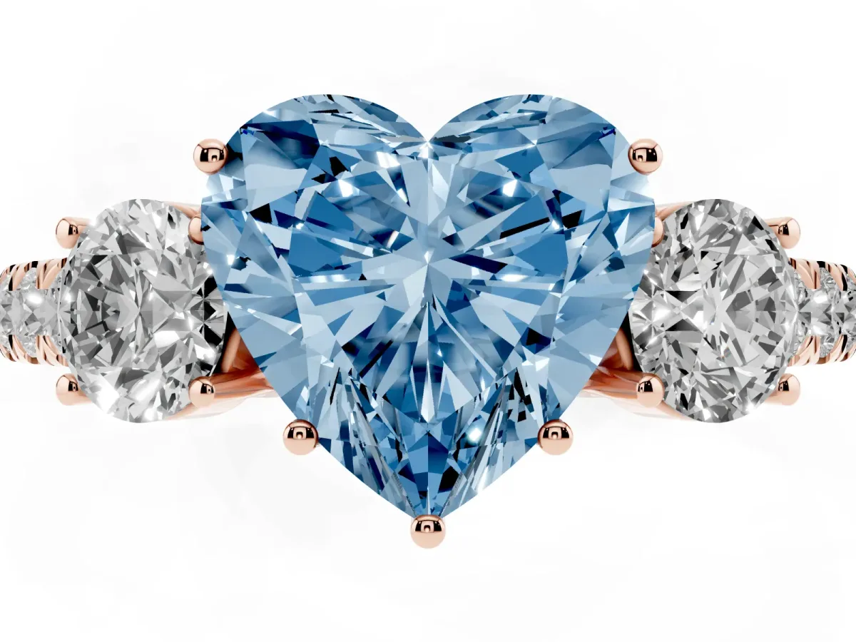 Fancy Blue Heart Cut Cut Diamond Three-Stone Ring with Round Side Stones and Pavé Band Rose gold