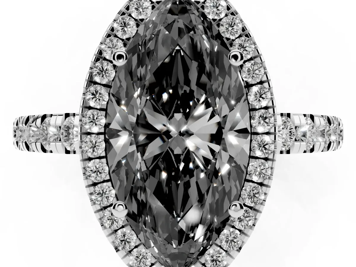 Fancy Black Marquise Cut Diamond Halo Ring with Pavé Band and Four-Prong Setting Platinum