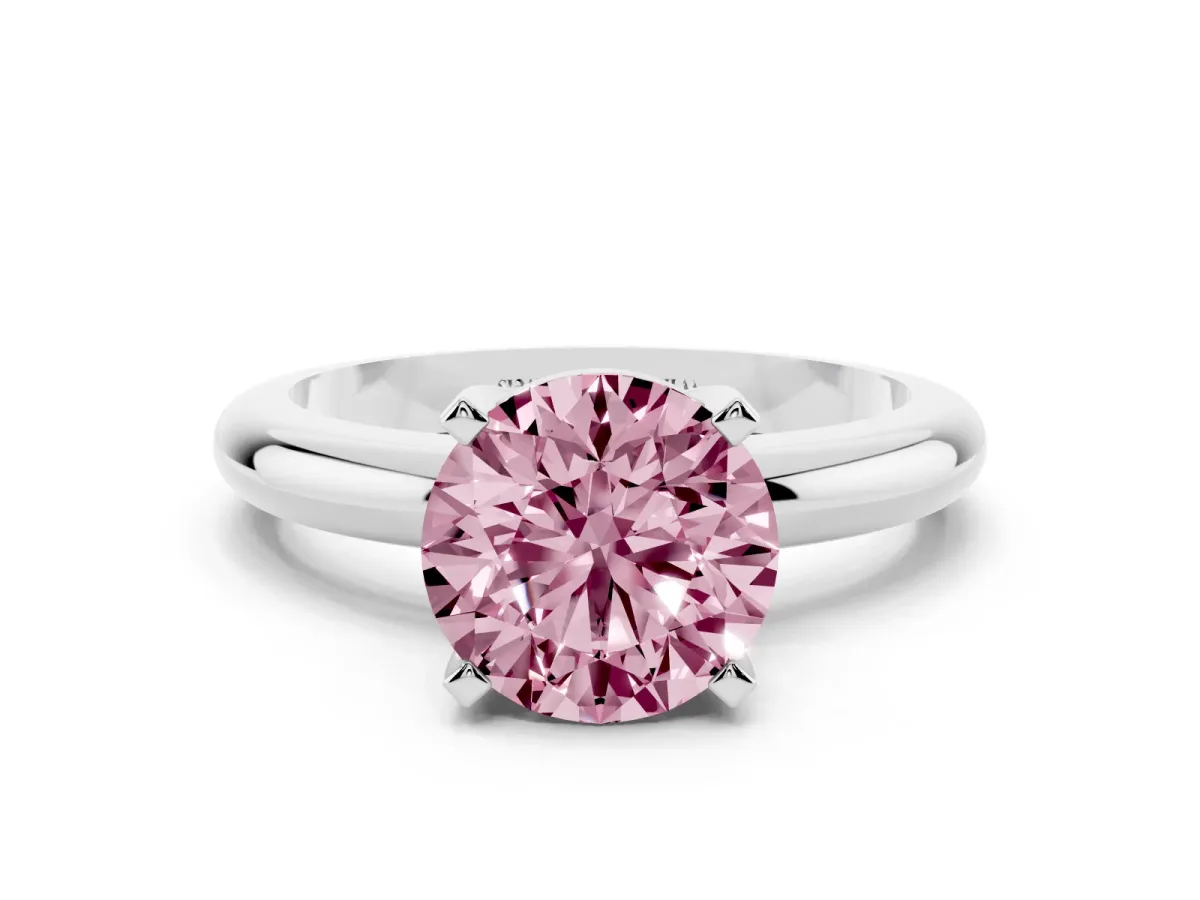 Fancy Pink Round Cut Diamond Solitaire Engagement Ring with Round Band and Four-Prong Setting Platinum