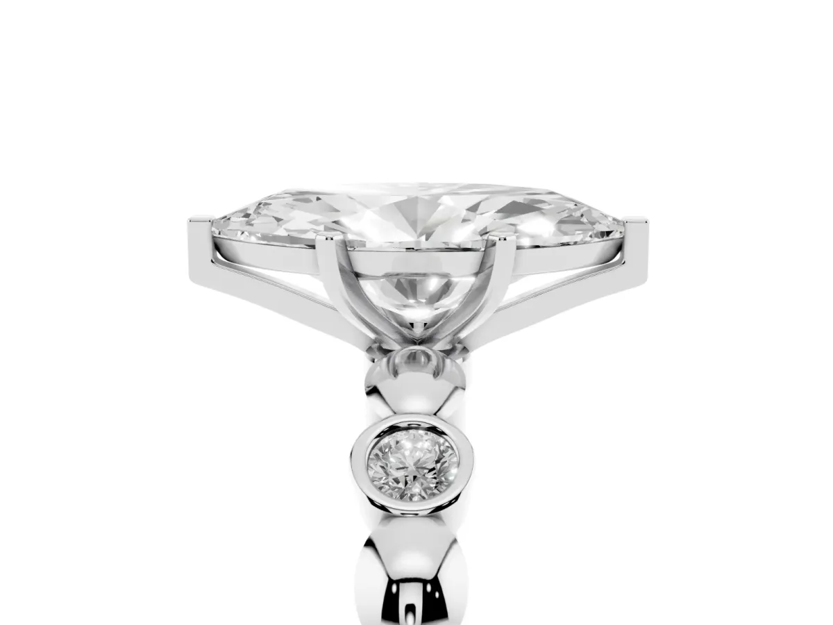 Marquise Cut Solitaire Bezel-Set Diamond Ring with Beaded Band and Four-Prong Setting Silver