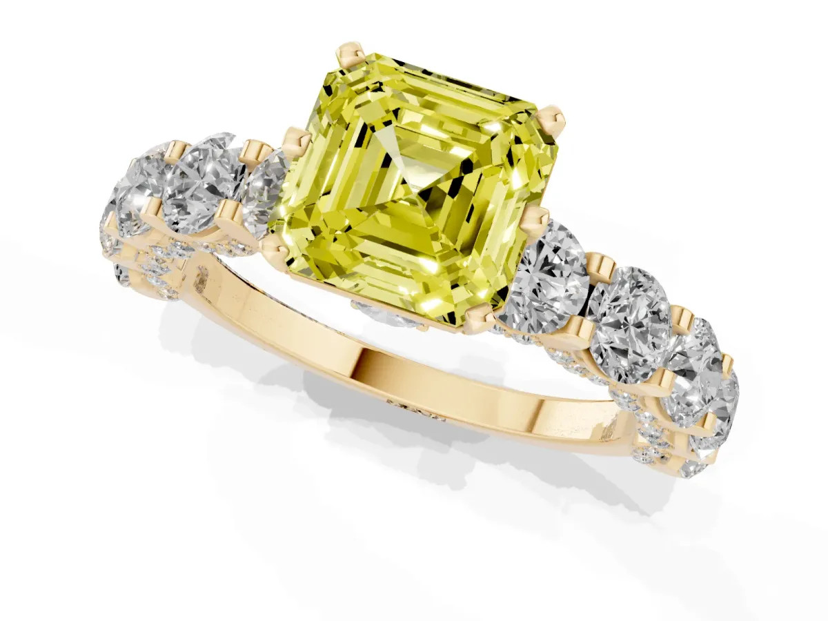 Fancy Yellow Asscher Cut Diamond Side Stone Engagement Ring with Four-Prong Setting Yellow gold