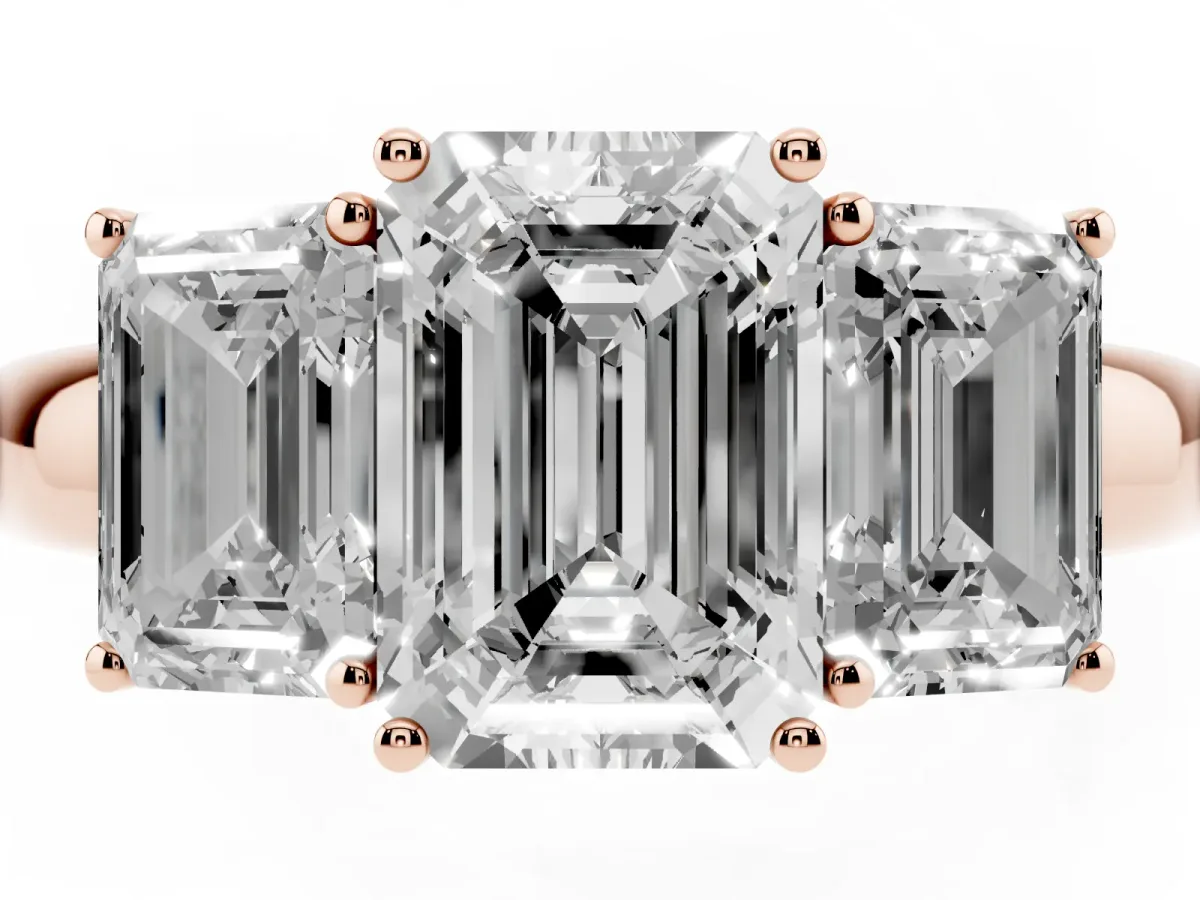 Emerald Cut Diamond Three-Stone Ring with Four-Prong Setting and Classic Band Rose gold