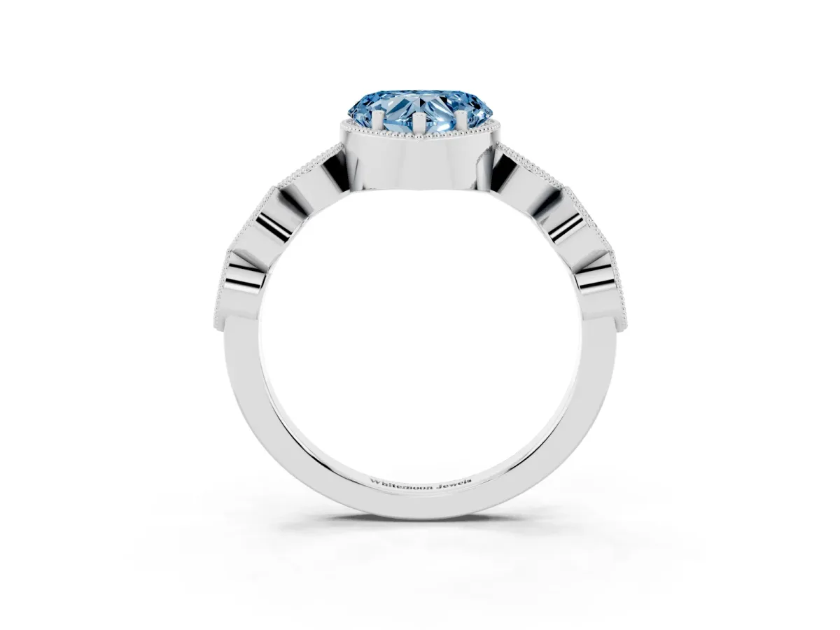 Fancy Blue Heart Cut Diamond Vintage Milgrain Ring with Round Stations Silver