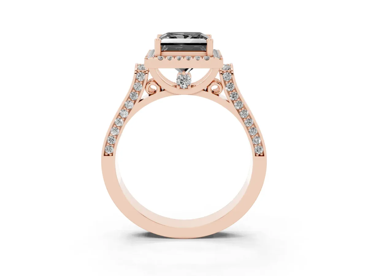 Fancy Black Princess Cut Halo Round Diamond Twist Band with Four-Prong Setting Rose gold