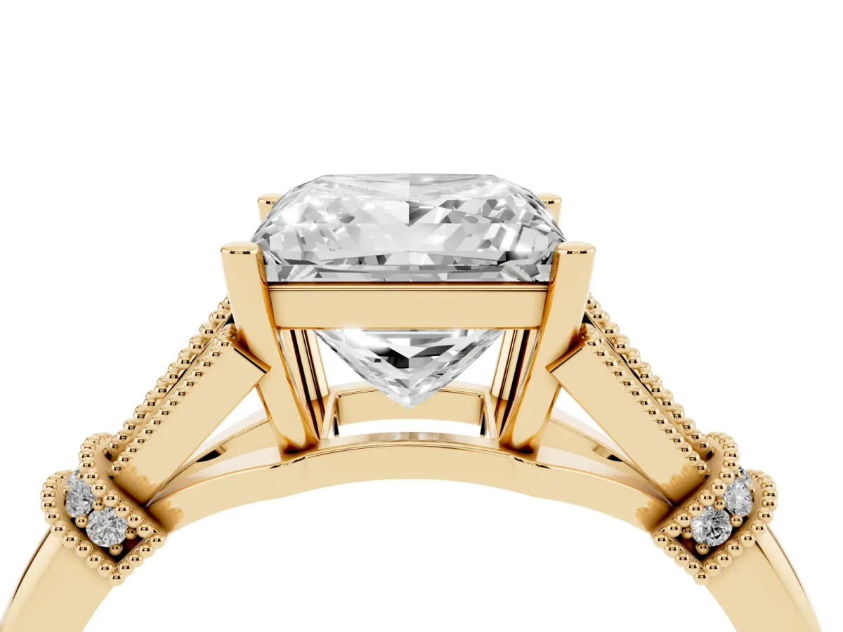 Princess Cut Diamond Solitaire Ring with Floral Filigree and Pave Accents Yellow gold