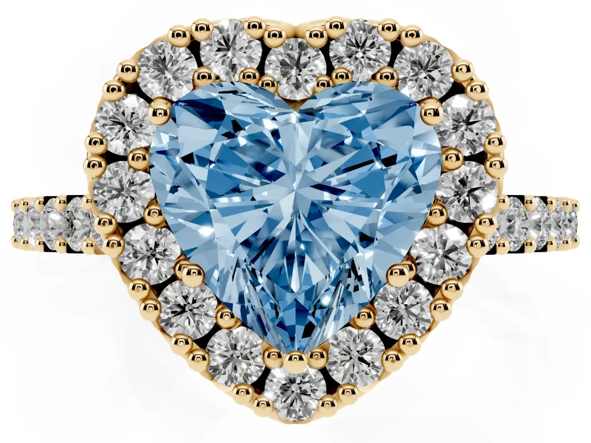 Fancy Blue Heart Cut Halo Diamond Pavé Solitaire Ring Yellow gold