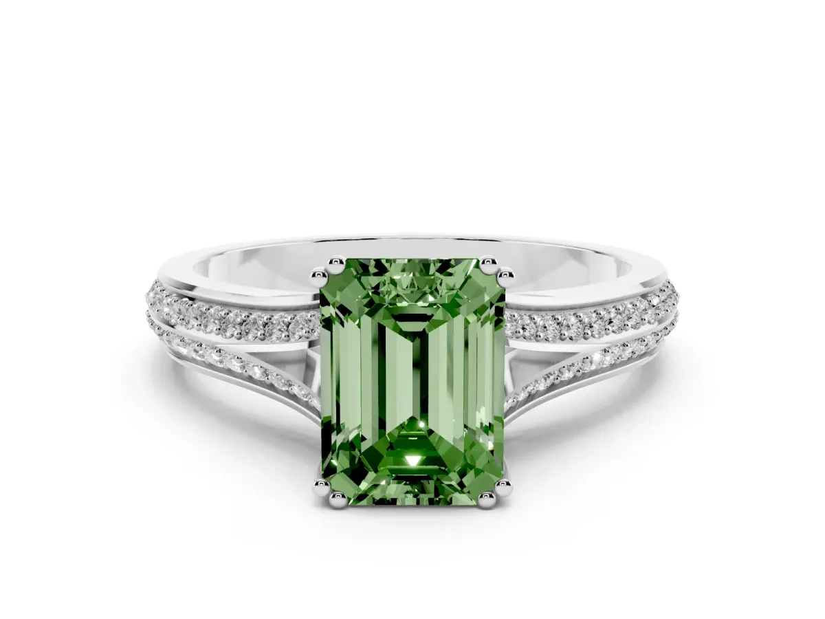Fancy Green Emerald Cut Diamond Split Shank Engagement Ring with Pavé Band Silver