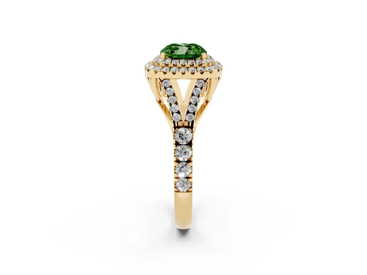 Fancy Green Cushion Cut Diamond Pavé Split Shank Double Halo Engagement Ring Yellow gold