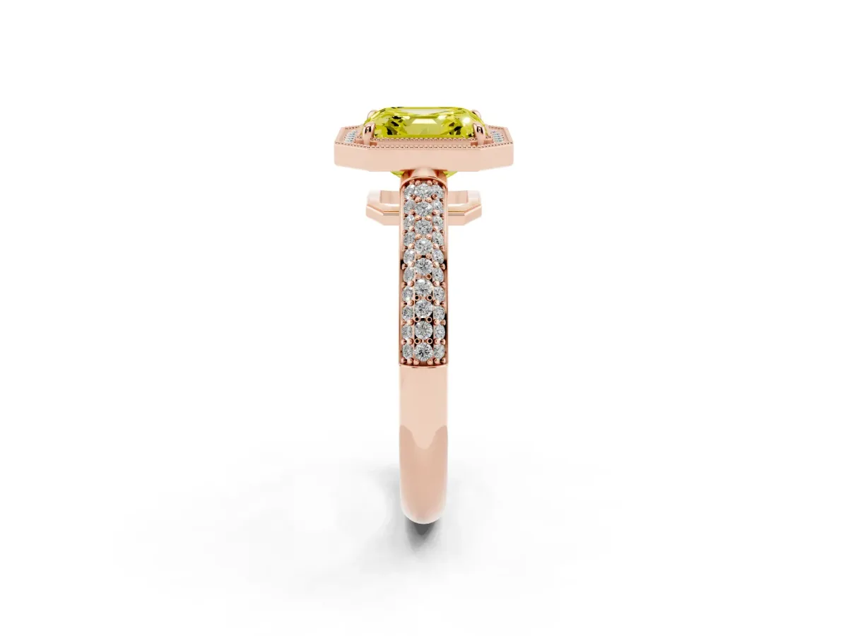 Fancy Yellow Asscher Cut Cut Halo Diamond Pave Band with Four-Prong Setting Rose gold