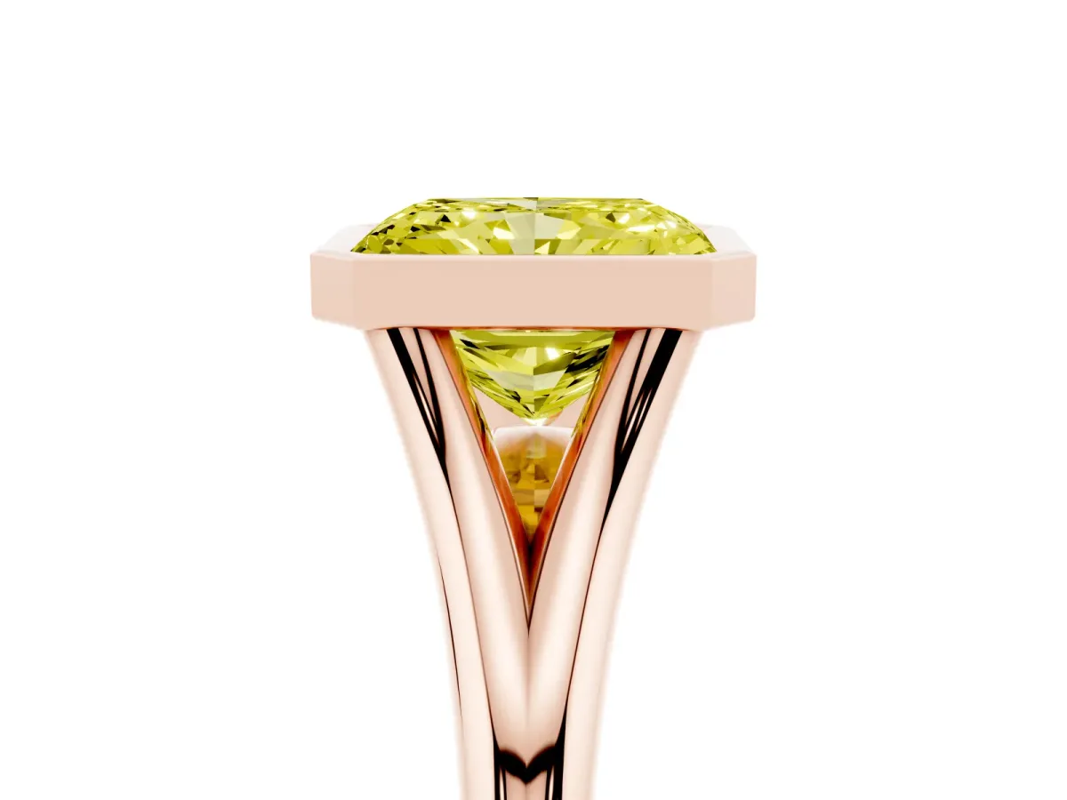 Fancy Yellow Bezel Set Radiant Cut Cut Solitaire Ring with Tapered Band Rose gold