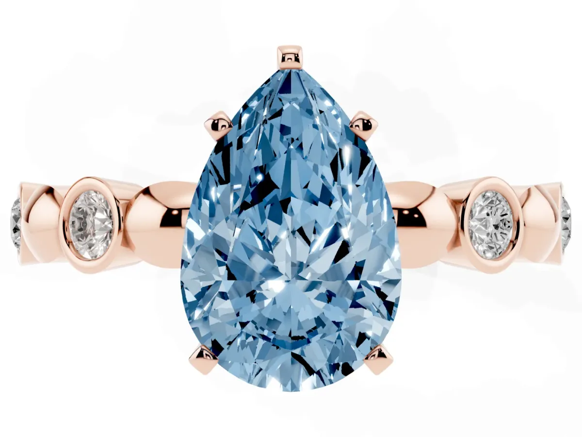 Fancy Blue Pear Cut Solitaire Bezel-Set Diamond Ring with Beaded Band and Four-Prong Setting Rose gold